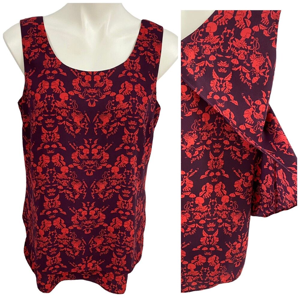 CAbi Top Style #3258 Womens Medium Cameo Print Red Purple Split Back Blouse Work